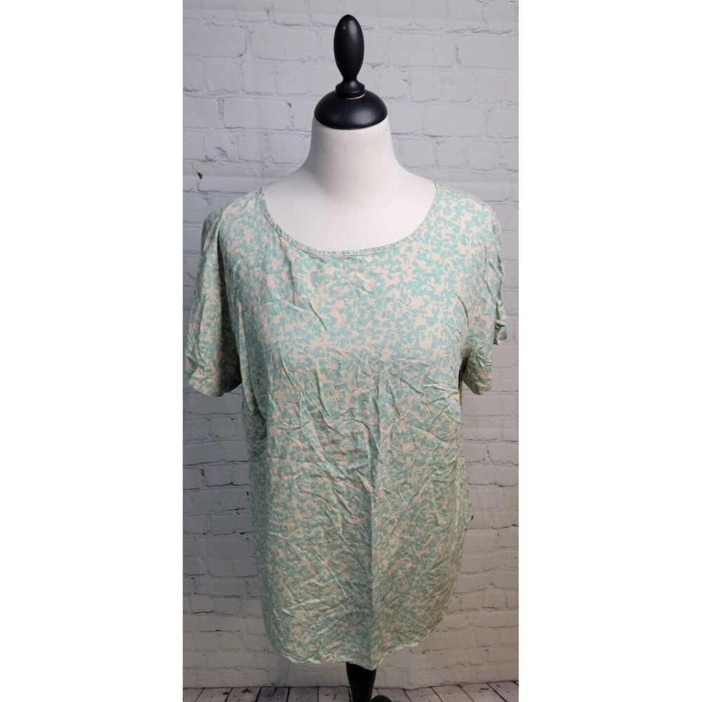 AVA & VIV Blouse Green Teal Cream Back Button Up size X Rayon Scoop Neck Career